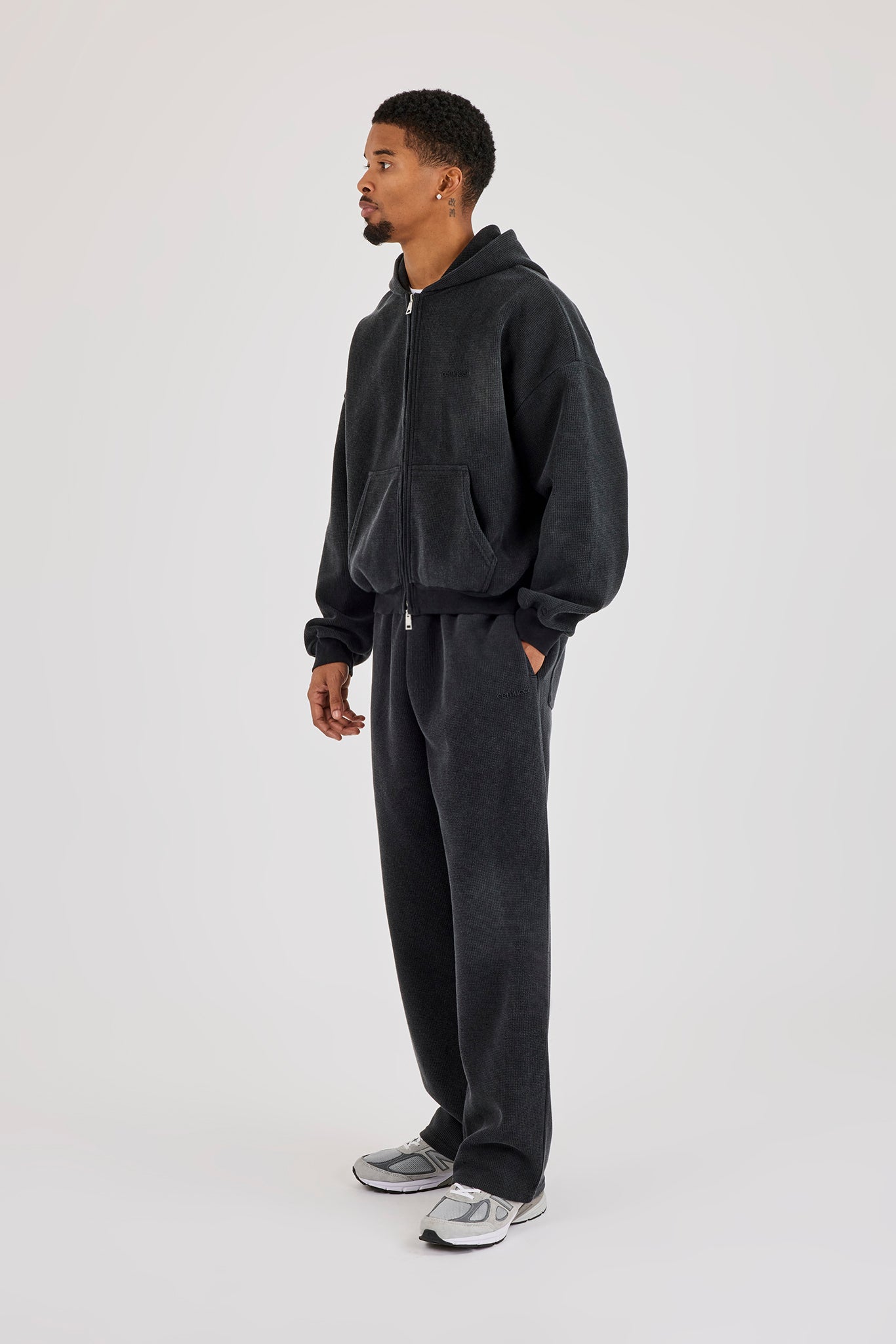 Acid Wash Waffle Boxy Zip Through Hoodie & Relaxed Jogger - Washed Black